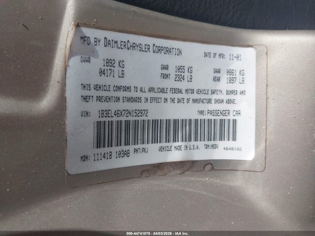 2002 Dodge Stratus Se Plus მანქანა იყიდება აუქციონზე, vin: 1B3EL46X72N152972, აუქციონის ნომერი: 44741070