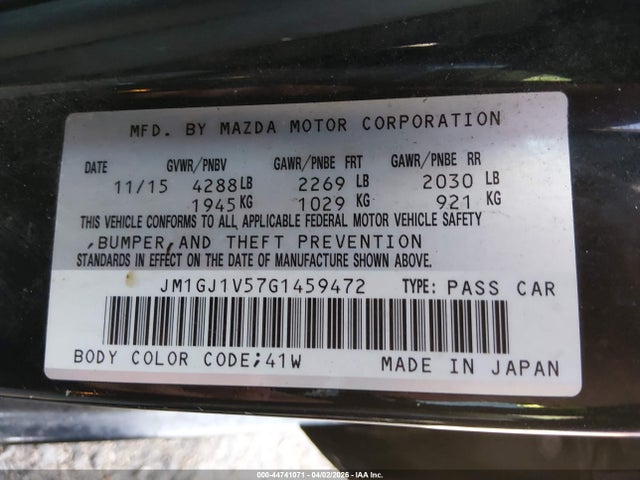 44741071 :رقم المزاد ، JM1GJ1V57G1459472 vin ، 2016 Mazda Mazda6 I Touring مزاد بيع