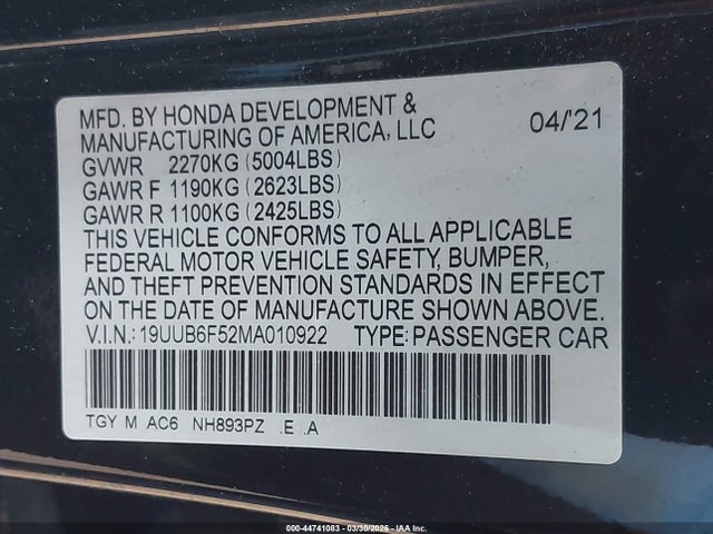 44741083 :رقم المزاد ، 19UUB6F52MA010922 vin ، 2021 Acura Tlx A-spec Package مزاد بيع