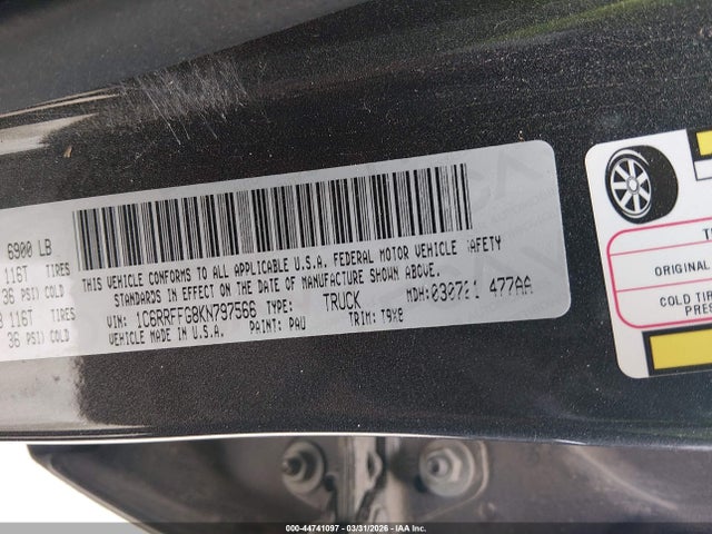 2019 Ram 1500 Big Horn/lone Star  4x4 5'7 Box მანქანა იყიდება აუქციონზე, vin: 1C6RRFFG8KN797566, აუქციონის ნომერი: 44741097