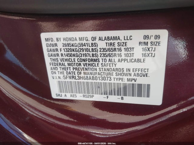 Продаж на аукціоні авто 2010 Honda Odyssey Ex-l, vin: 5FNRL3H68AB013073, номер лоту: 44741105