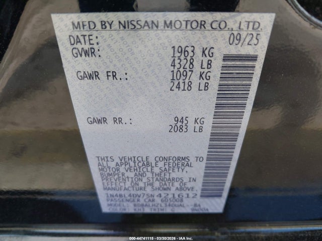 44741115 :رقم المزاد ، 1N4BL4DV7SN421612 vin ، 2025 Nissan Altima Sv Fwd مزاد بيع