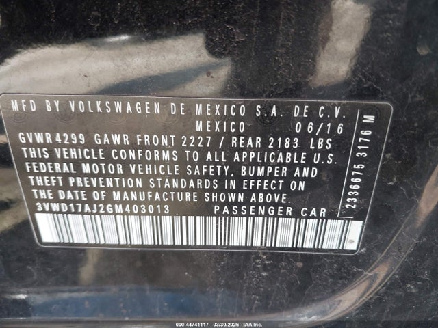 44741117 :رقم المزاد ، 3VWD17AJ2GM403013 vin ، 2016 Volkswagen Jetta 1.8t Sport مزاد بيع