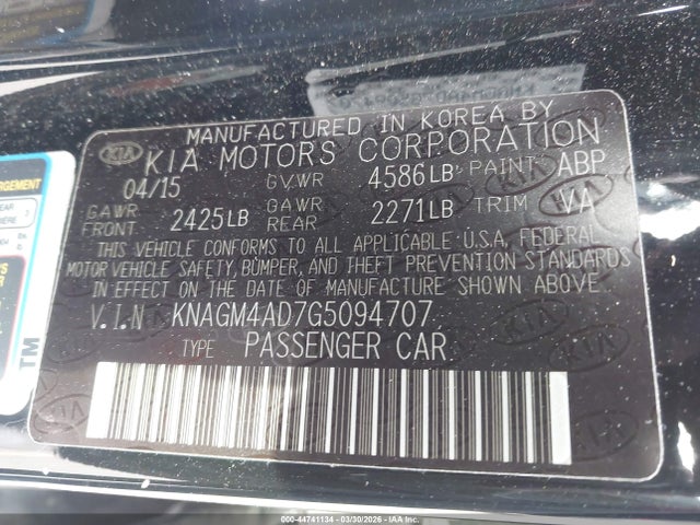 44741134 :رقم المزاد ، KNAGM4AD7G5094707 vin ، 2016 Kia Optima Hybrid مزاد بيع