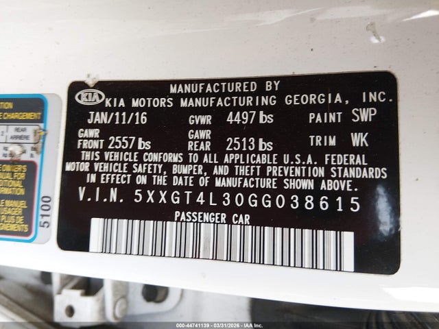 5XXGT4L30GG038615 KIA Optima Lx
