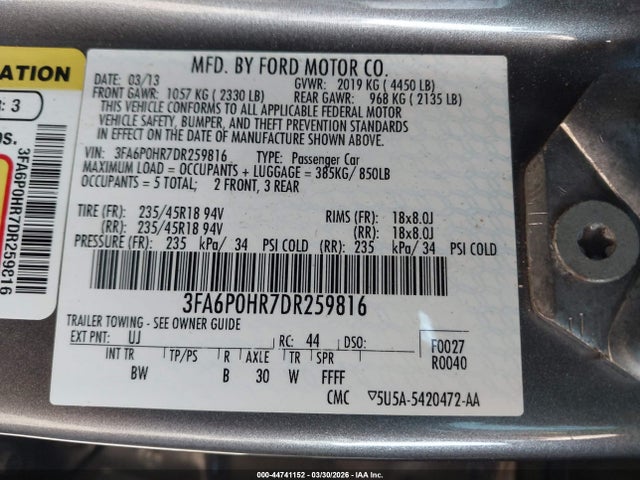 44741152 :رقم المزاد ، 3FA6P0HR7DR259816 vin ، 2013 Ford Fusion Se مزاد بيع
