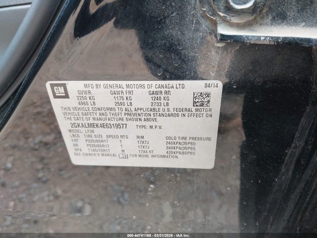 44741168 :رقم المزاد ، 2GKALMEK4E6319577 vin ، 2014 Gmc Terrain Sle-1 مزاد بيع