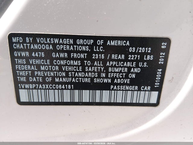 2012 Volkswagen Passat 2.5l Se მანქანა იყიდება აუქციონზე, vin: 1VWBP7A3XCC064181, აუქციონის ნომერი: 44741194
