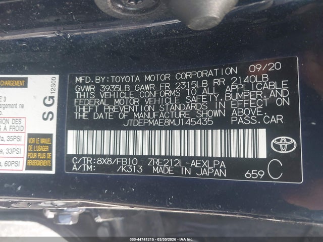 Toyota COROLLA LE 2021 JTDEPMAE8MJ145435 Image 9