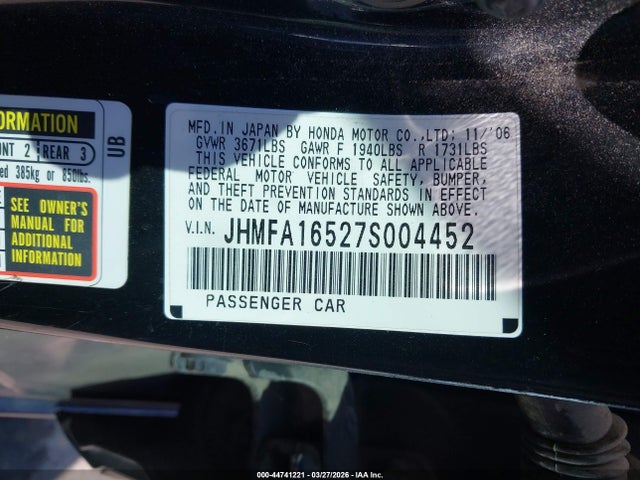 2007 Honda Civic Lx მანქანა იყიდება აუქციონზე, vin: JHMFA16527S004452, აუქციონის ნომერი: 44741221