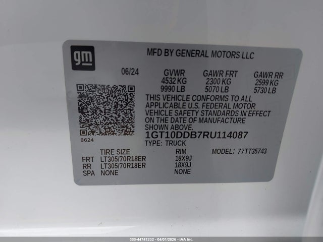44741232 :رقم المزاد ، 1GT10DDB7RU114087 vin ، 2024 Gmc Hummer Ev Pickup E4wd 3x مزاد بيع