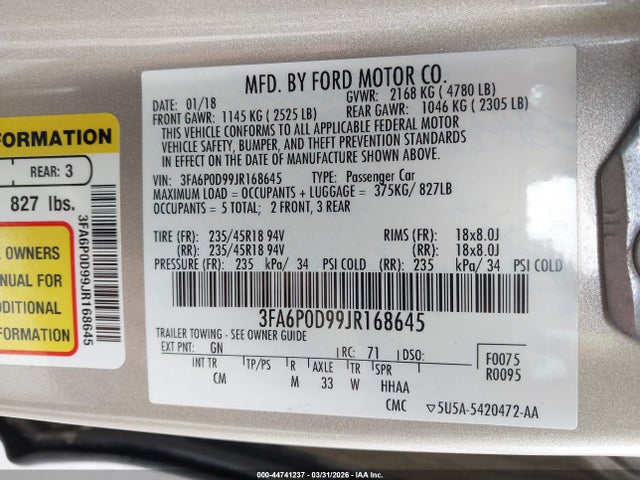 Ford Fusion Titanium 2018 3FA6P0D99JR168645 Image 9
