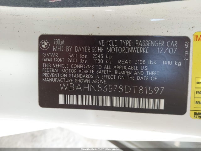 Продажа на аукционе авто 2008 Bmw 750li, vin: WBAHN83578DT81597, номер лота: 44741249