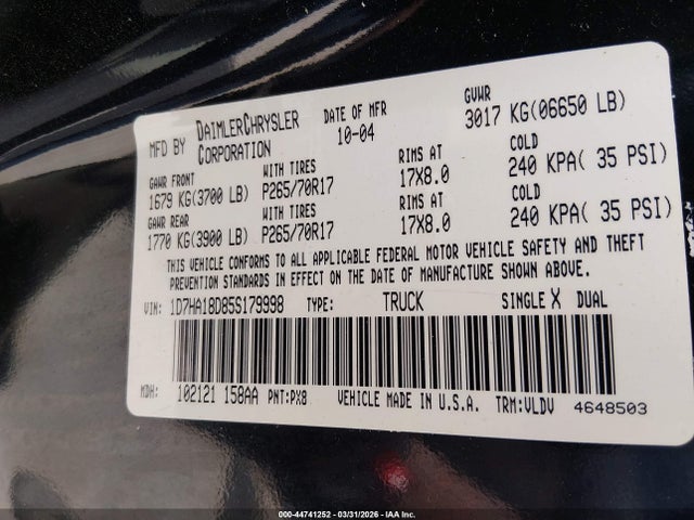 44741252 :رقم المزاد ، 1D7HA18D85S179998 vin ، 2005 Dodge Ram 1500 Slt/laramie مزاد بيع