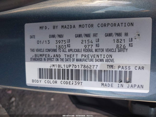 44741288 :رقم المزاد ، JM1BL1UP7D1786277 vin ، 2013 Mazda Mazda3 I Sport مزاد بيع