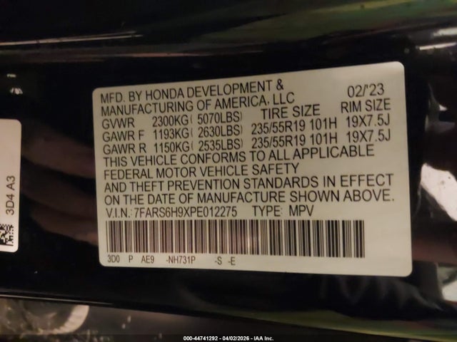 44741292 :رقم المزاد ، 7FARS6H9XPE012275 vin ، 2023 Honda Cr-v Hybrid Sport Touring مزاد بيع