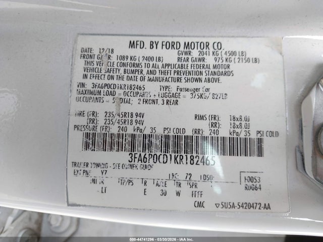 Ford FUSION SEL 2019 3FA6P0CD1KR182465 Image 9