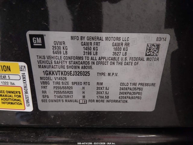 Aukcja sprzedaży 2014 Gmc Acadia Denali, vin: 1GKKVTKD9EJ326025, numer aukcji: 44741299