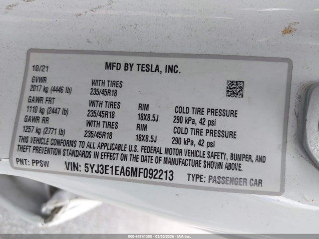 Aukcja sprzedaży 2021 Tesla Model 3 Standard Range Plus Rear-wheel Drive, vin: 5YJ3E1EA6MF092213, numer aukcji: 44741300