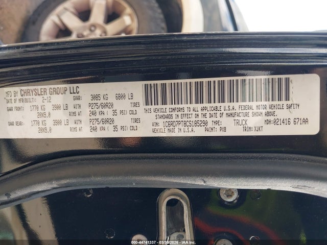 44741337 :رقم المزاد ، 1C6RD7PT8CS185290 vin ، 2012 Ram 1500 Laramie Longhorn/limited Edition مزاد بيع