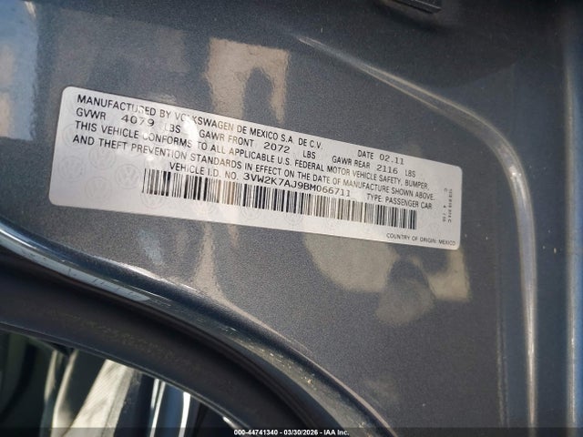Продаж на аукціоні авто 2011 Volkswagen Jetta 2.0l S, vin: 3VW2K7AJ9BM066711, номер лоту: 44741340