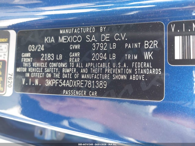 44741349 :رقم المزاد ، 3KPF54ADXRE781389 vin ، 2024 Kia Forte Gt-line مزاد بيع