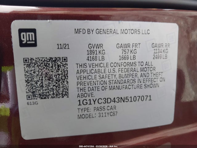 1G1YC3D43N5107071 Chevrolet Corvette Stingray Rwd 3lt