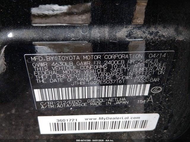 Продажа на аукционе авто 2014 Lexus Is 250, vin: JTHBF1D27E5037161, номер лота: 44741369