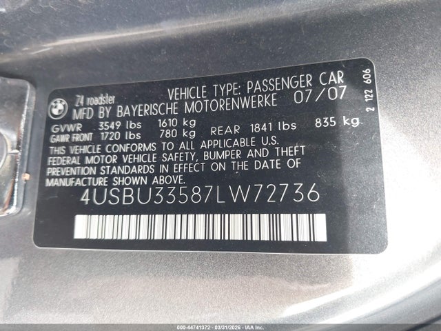 Продаж на аукціоні авто 2007 Bmw Z4 3.0i, vin: 4USBU33587LW72736, номер лоту: 44741372