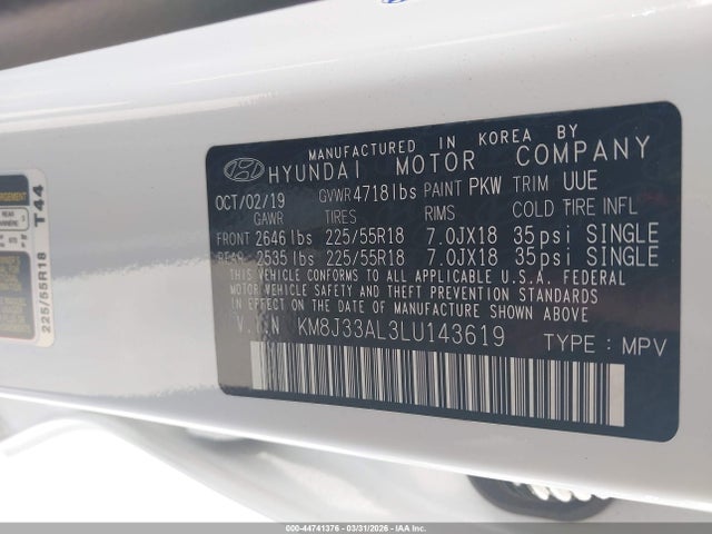 44741376 :رقم المزاد ، KM8J33AL3LU143619 vin ، 2020 Hyundai Tucson Sel مزاد بيع