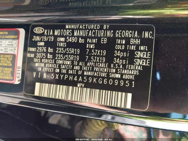 2019 Kia Sorento 3.3l Ex Sport მანქანა იყიდება აუქციონზე, vin: 5XYPH4A59KG609951, აუქციონის ნომერი: 44741387