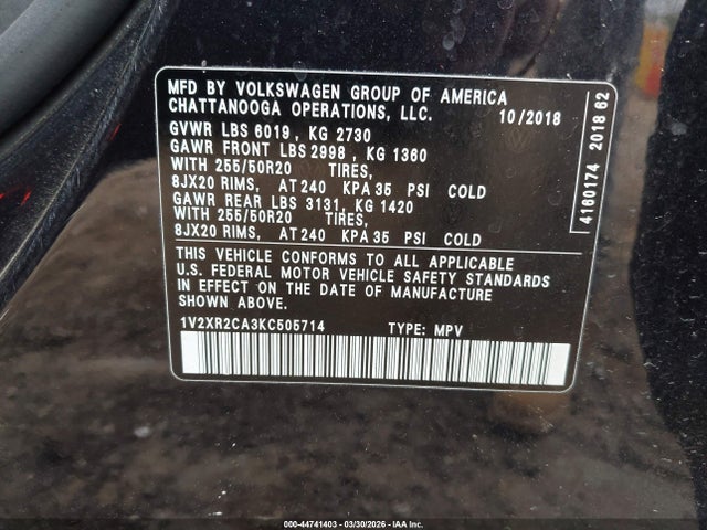 Auction sale of the 2019 Volkswagen Atlas 3.6l V6 Se W/technology R-line, vin: 1V2XR2CA3KC505714, lot number: 44741403