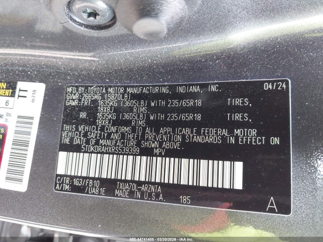 Продажа на аукционе авто 2024 Toyota Highlander Le, vin: 5TDKDRAHXRS539399, номер лота: 44741405