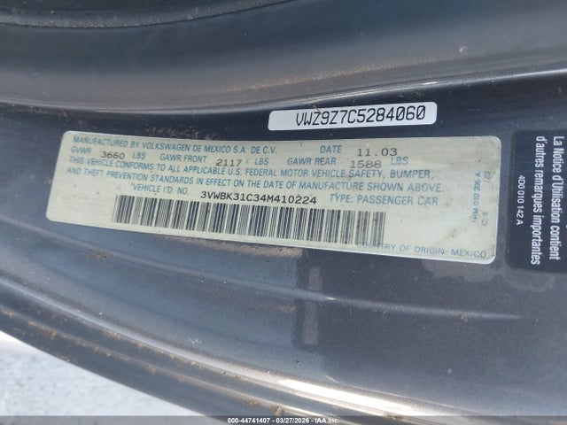 Aukcja sprzedaży 2004 Volkswagen New Beetle Gl, vin: 3VWBK31C34M410224, numer aukcji: 44741407