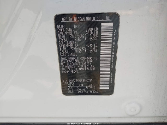 2012 Infiniti Qx56 მანქანა იყიდება აუქციონზე, vin: JN8AZ2ND9C9715297, აუქციონის ნომერი: 44741422