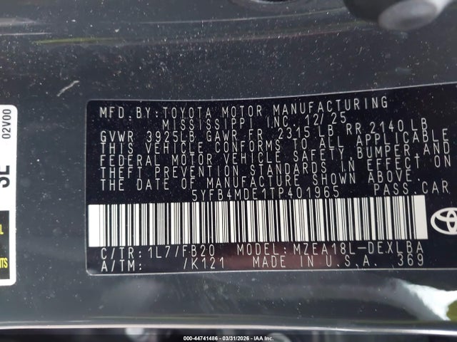 Продаж на аукціоні авто 2026 Toyota Corolla Le, vin: 5YFB4MDE1TP401965, номер лоту: 44741486