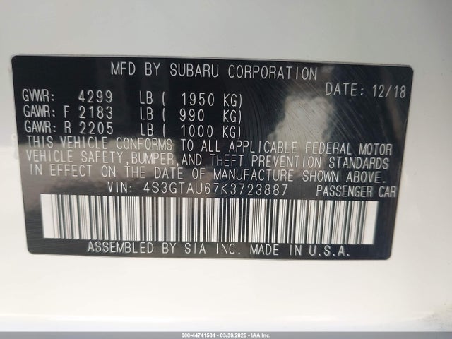 Aukcja sprzedaży 2019 Subaru Impreza 2.0i Limited, vin: 4S3GTAU67K3723887, numer aukcji: 44741504