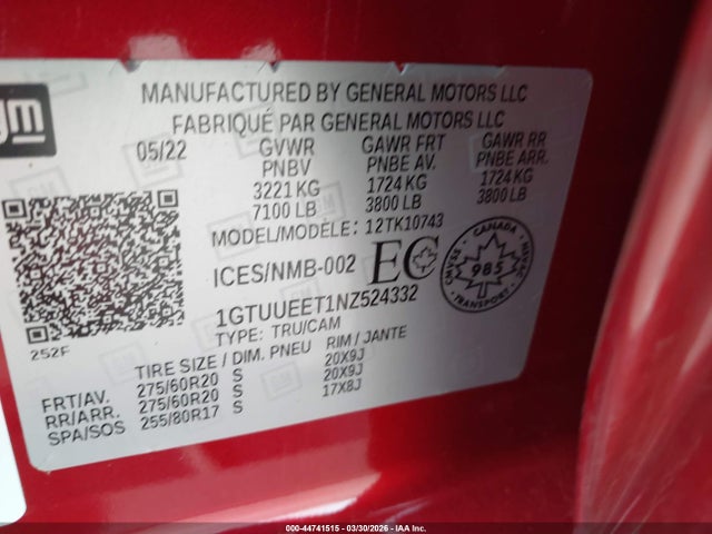 1GTUUEET1NZ524332 GMC Sierra 1500 At4