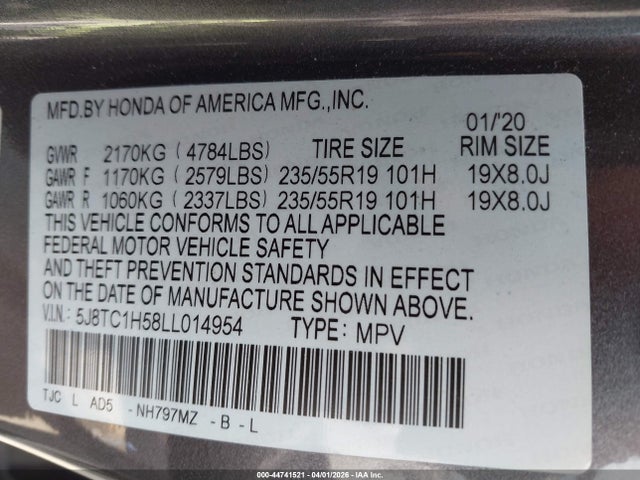 44741521 :رقم المزاد ، 5J8TC1H58LL014954 vin ، 2020 Acura Rdx Technology Package مزاد بيع