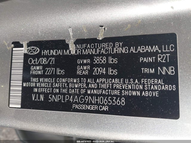 44741522 :رقم المزاد ، 5NPLP4AG9NH065368 vin ، 2022 Hyundai Elantra Limited مزاد بيع