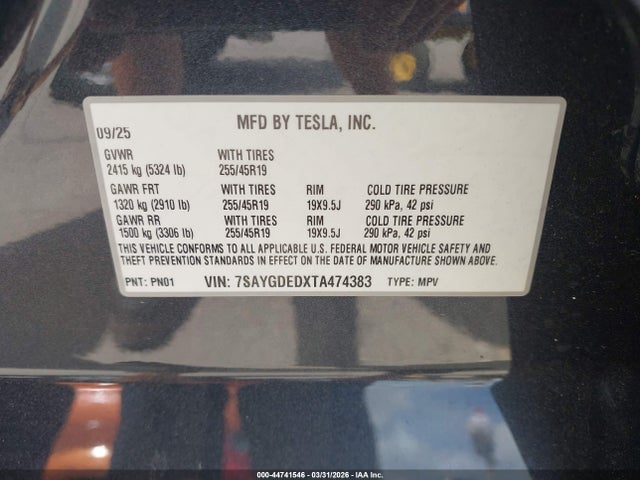 7SAYGDEDXTA474383 Tesla Model Y Premium Rear-wheel Drive/standard Rear-wheel Drive