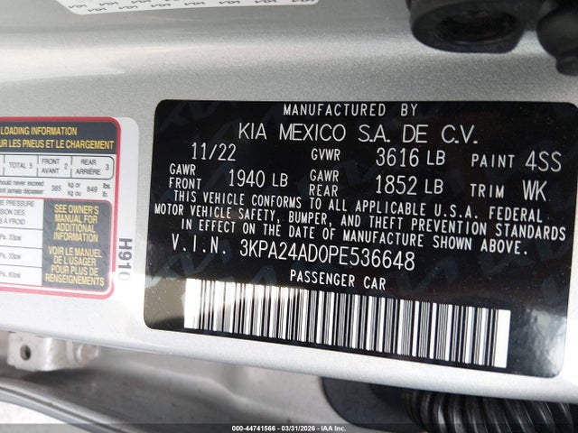 Продажа на аукционе авто 2023 Kia Rio S, vin: 3KPA24AD0PE536648, номер лота: 44741566