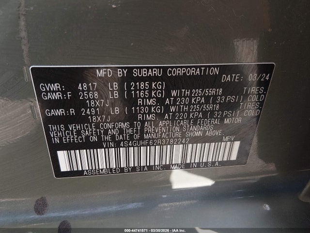 2024 Subaru Crosstrek Sport მანქანა იყიდება აუქციონზე, vin: 4S4GUHF62R3782242, აუქციონის ნომერი: 44741571