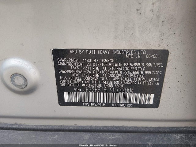 2009 Subaru Forester 2.5x მანქანა იყიდება აუქციონზე, vin: JF2SH61619H733004, აუქციონის ნომერი: 44741578