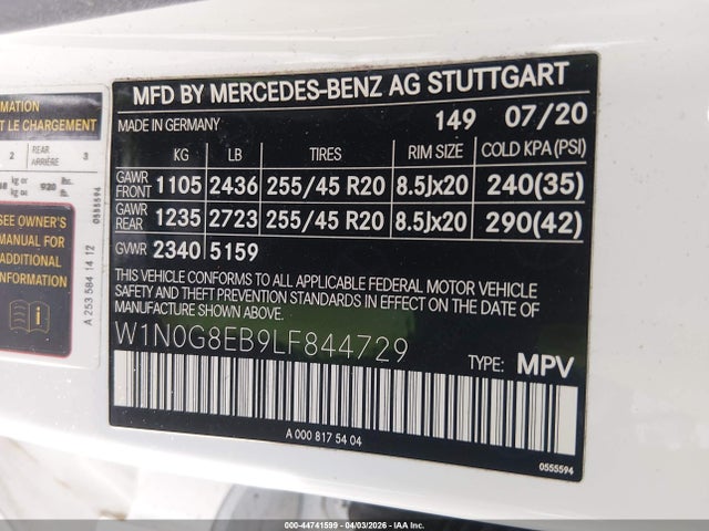 Aukcja sprzedaży 2020 Mercedes-benz Glc 300 4matic, vin: W1N0G8EB9LF844729, numer aukcji: 44741599