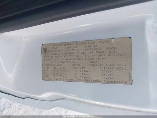 1992 Chevrolet S Truck S10 მანქანა იყიდება აუქციონზე, vin: 1GCCS14R2N8186364, აუქციონის ნომერი: 44741602
