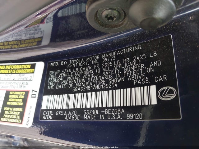 Aukcja sprzedaży 2022 Lexus Es 350, vin: 58ACZ1B17NU139254, numer aukcji: 44741605