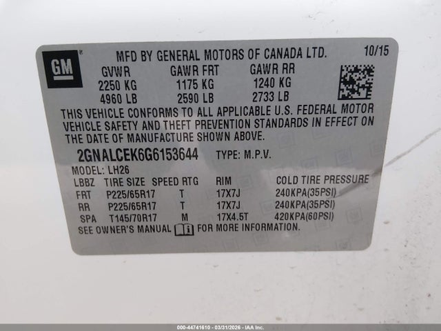 44741610 :رقم المزاد ، 2GNALCEK6G6153644 vin ، 2016 Chevrolet Equinox Lt مزاد بيع