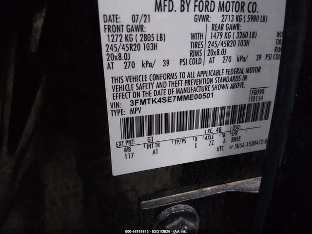 2021 Ford Mustang Mach-e Gt მანქანა იყიდება აუქციონზე, vin: 3FMTK4SE7MME00501, აუქციონის ნომერი: 44741613