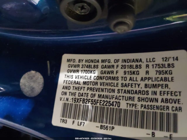 44741625 :رقم المزاد ، 19XFB2F55FE225470 vin ، 2015 Honda Civic Lx مزاد بيع